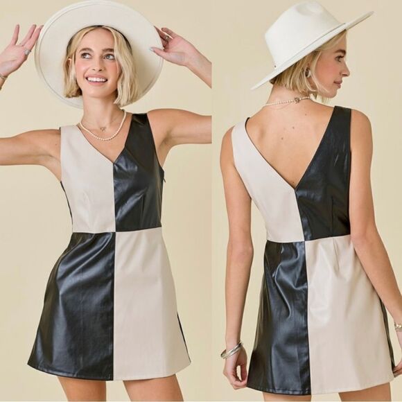 Black and Tan Color Block Faux Leather Dress - Picture 1 of 8